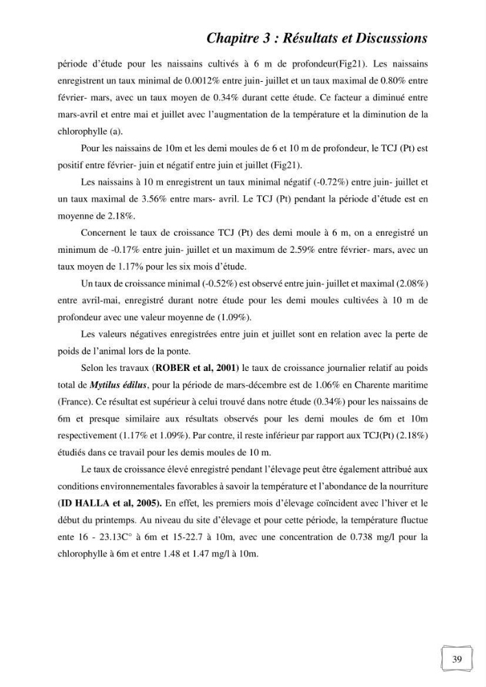 Etude des performances de croissance d\'un élevage myliticole mytilus galloprovincialis ( Lamarck,1819) Ain Taya (Alger)