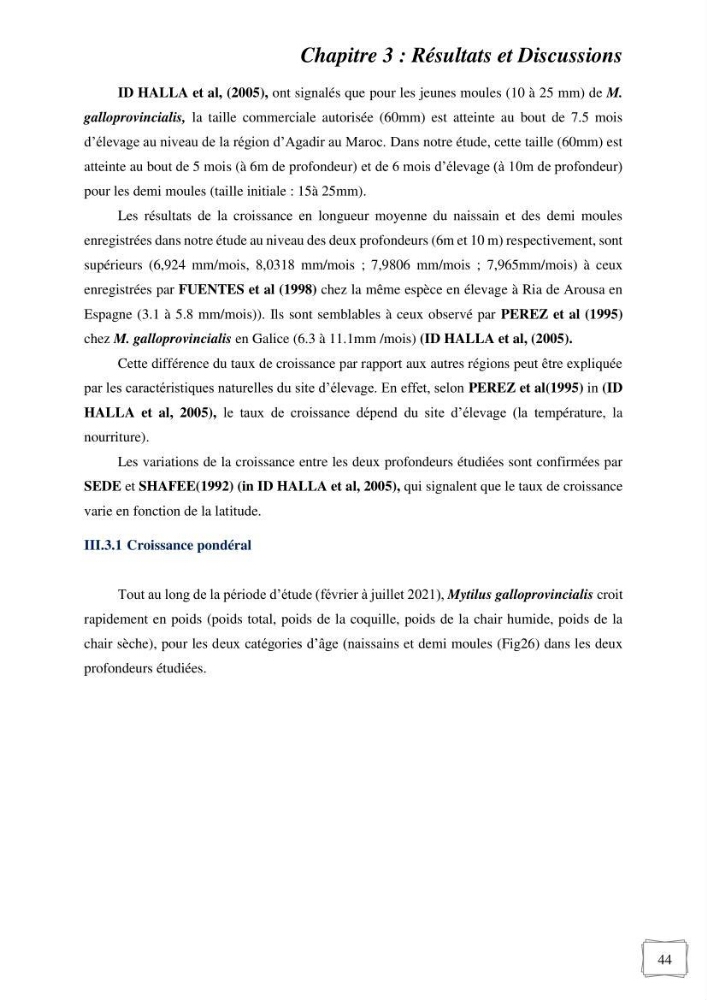 Etude des performances de croissance d\'un élevage myliticole mytilus galloprovincialis ( Lamarck,1819) Ain Taya (Alger)