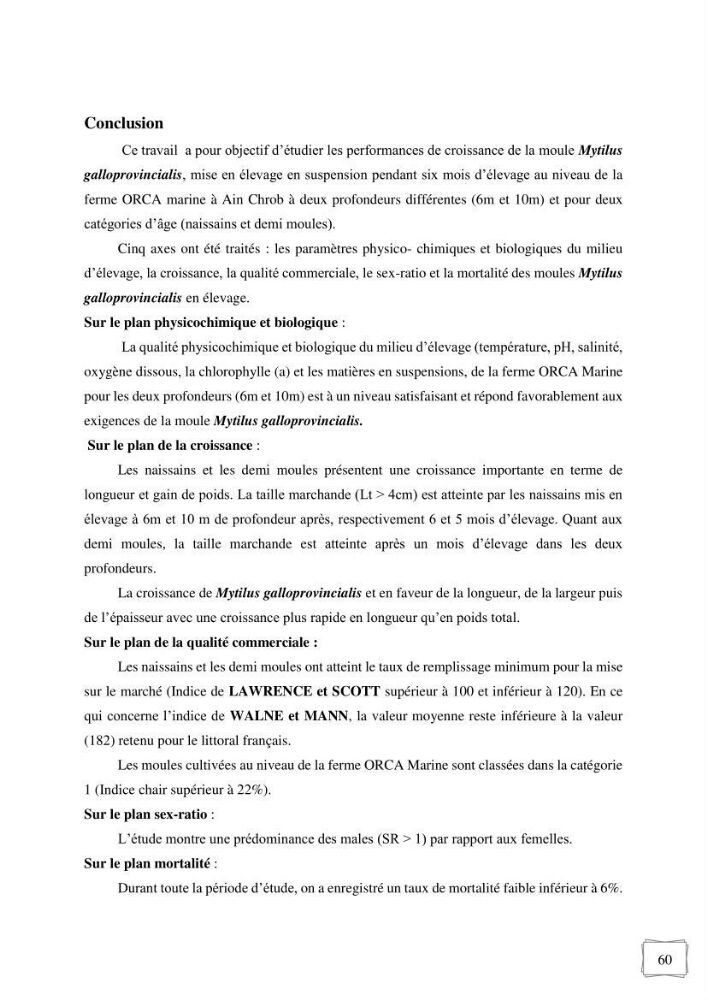 Etude des performances de croissance d\'un élevage myliticole mytilus galloprovincialis ( Lamarck,1819) Ain Taya (Alger)