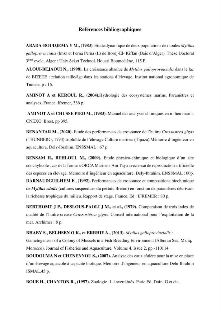 Etude des performances de croissance d\'un élevage myliticole mytilus galloprovincialis ( Lamarck,1819) Ain Taya (Alger)