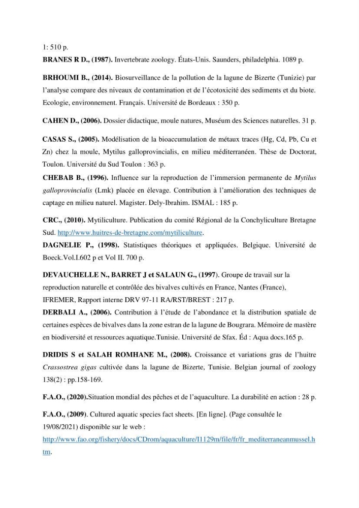 Etude des performances de croissance d\'un élevage myliticole mytilus galloprovincialis ( Lamarck,1819) Ain Taya (Alger)
