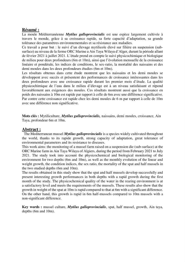 Etude des performances de croissance d\'un élevage myliticole mytilus galloprovincialis ( Lamarck,1819) Ain Taya (Alger)