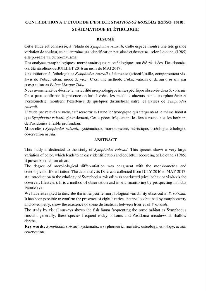 Contribution à l’étude de Symphodus roissali (Risso, 1810) des côtes centres du bassin algérien
