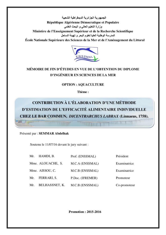 Contribution à l\'élaboration d\'une méthode d\'estimation de l\'éfficacité alimentaire individuelle. chez le bar commun. Dicentrarchus Labrax(Linnaeus,1758):
