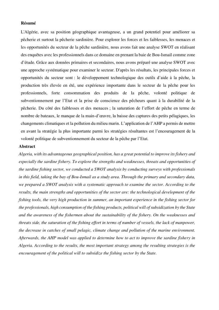 Analyse SWOT (Forces - Faiblaisses - Opportunités - Menaces ) comme outils d\'aide à la décision: cas de la pêcherie sardinière Algérienne