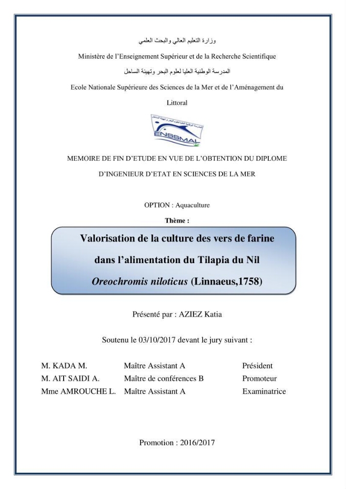 Valorisation de la culture des vers de farine dans l\'alimentation du Tilapia du Nil Oreochromis niloticus (Linnaeus, 1758°: