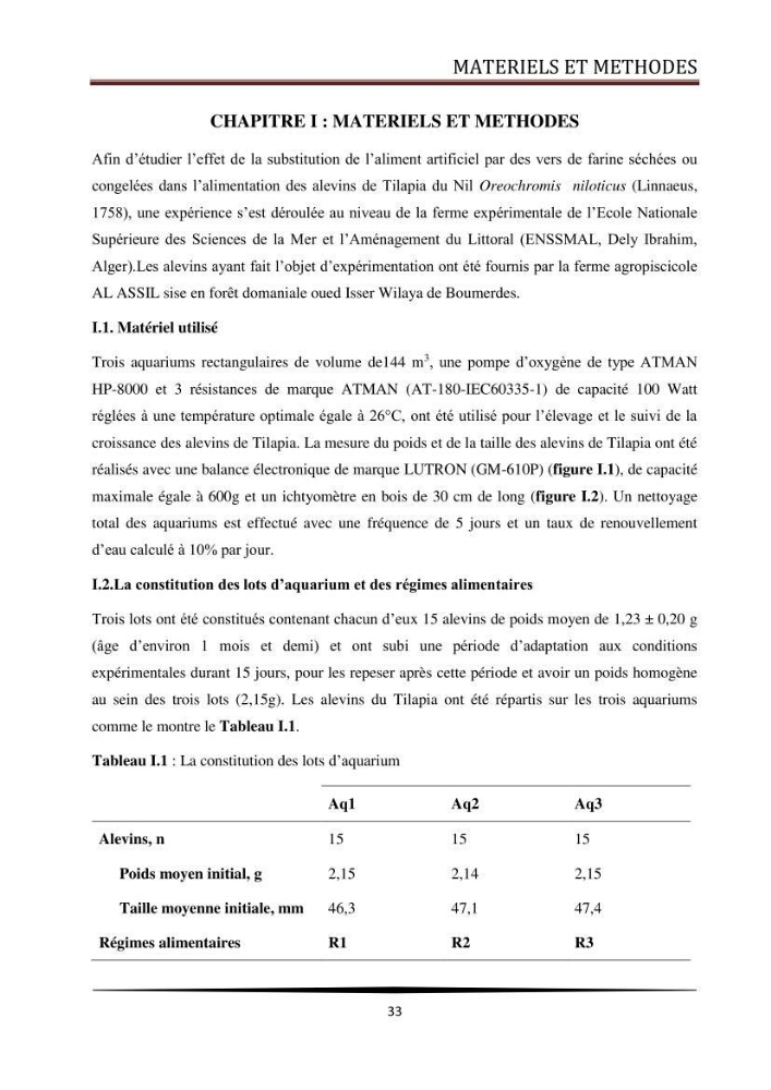 Valorisation de la culture des vers de farine dans l\'alimentation du Tilapia du Nil Oreochromis niloticus (Linnaeus, 1758°: