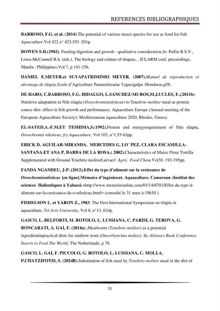 Valorisation de la culture des vers de farine dans l\'alimentation du Tilapia du Nil Oreochromis niloticus (Linnaeus, 1758°: