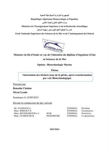 Valorisation des déchets issus de la pêche, après transformation par voie Biotechnologique Valorisation des déchets issus de la pêche, après transformation par voie Biotechnologique