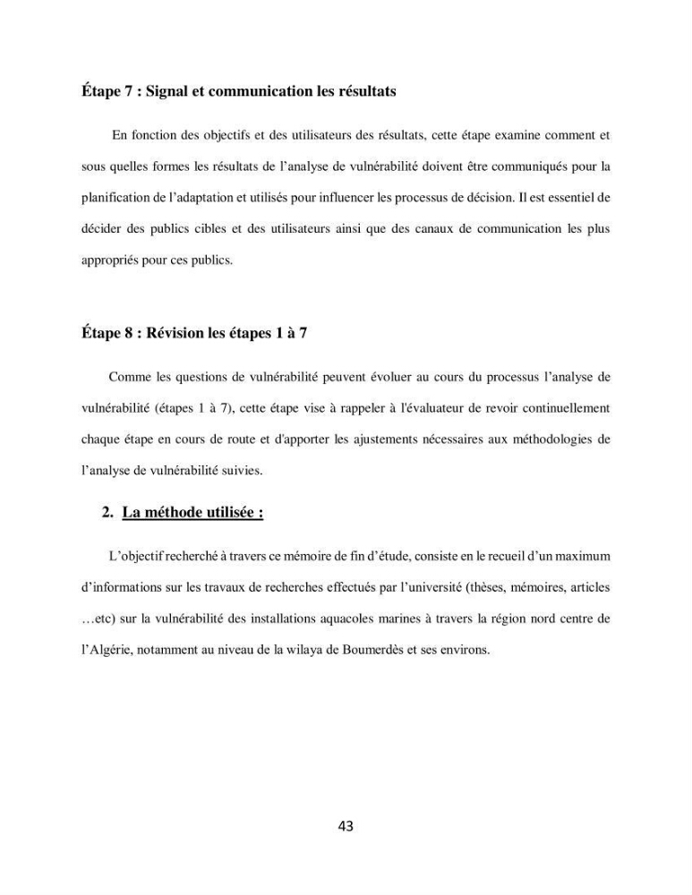 Analyse de la vulnérabilité des installations aquacoles marines de la wilaya de Boumerdès