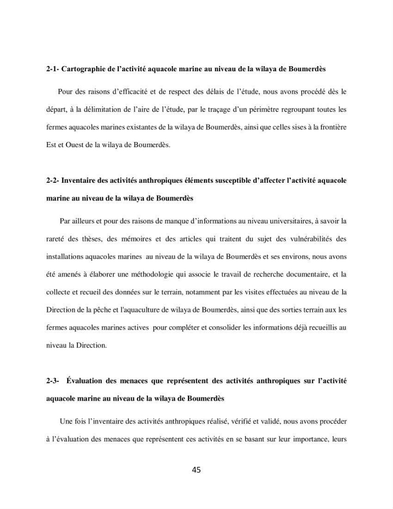 Analyse de la vulnérabilité des installations aquacoles marines de la wilaya de Boumerdès