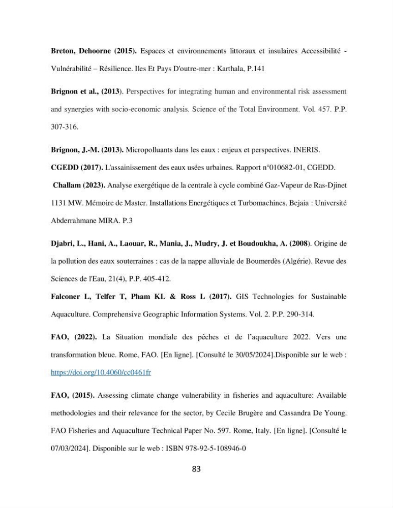 Analyse de la vulnérabilité des installations aquacoles marines de la wilaya de Boumerdès