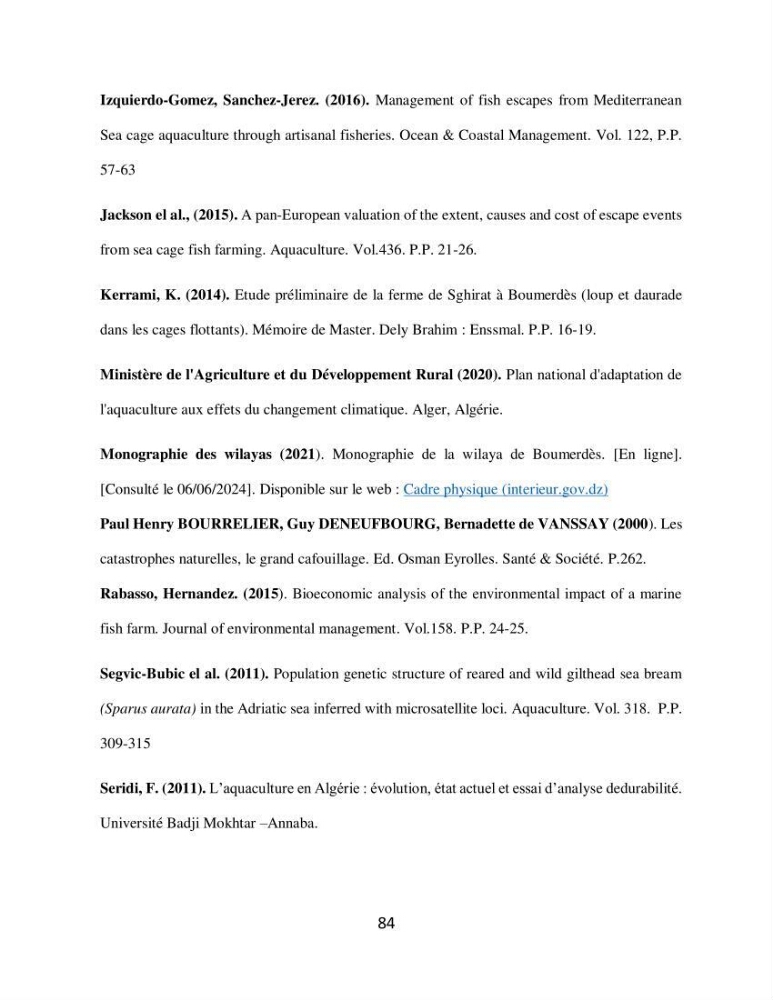Analyse de la vulnérabilité des installations aquacoles marines de la wilaya de Boumerdès
