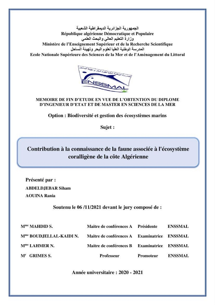 Contribution à la connaissance de la faune associée à l\'écosystème coralligène de la côte Algérienne:
