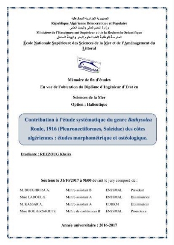 Contribution à l'étude systématique du genre Bathysolea Roule,1916 (Pleuronnectiformes, Soleidae) des côtes Algeriennes Contribution à l'étude systématique du genre Bathysolea Roule,1916 (Pleuronnectiformes, Soleidae) des côtes Algeriennes