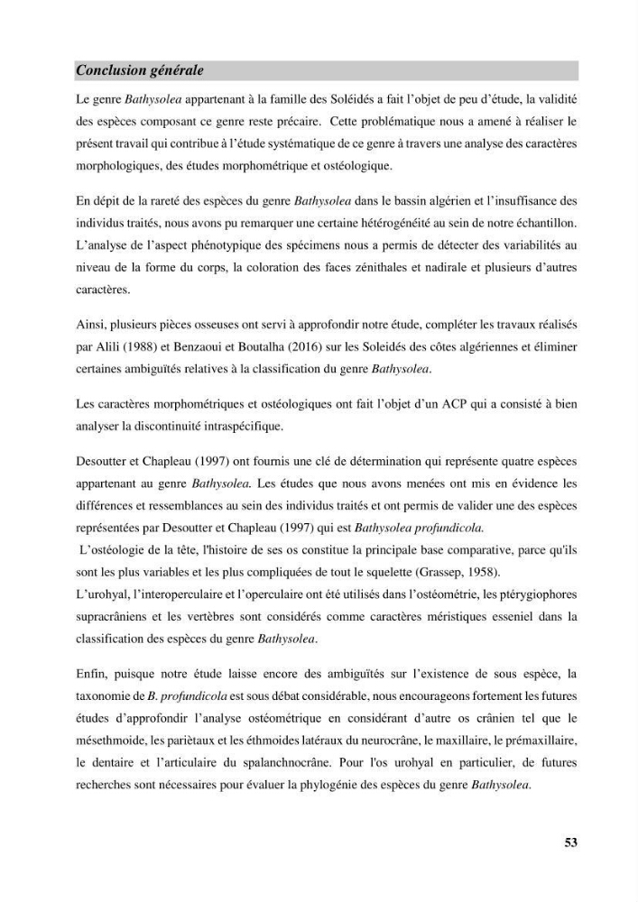 Contribution à l\'étude systématique du genre Bathysolea Roule,1916 (Pleuronnectiformes, Soleidae) des côtes Algeriennes