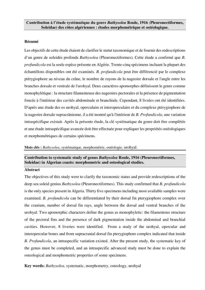 Contribution à l\'étude systématique du genre Bathysolea Roule,1916 (Pleuronnectiformes, Soleidae) des côtes Algeriennes