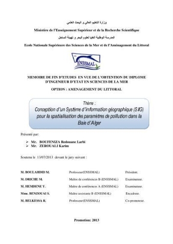 Conception d'un système d'information géographique (SIG) pour la spatialisation des paramètres de pollution dans la baie d'Alger: Conception d'un système d'information géographique (SIG) pour la spatialisation des paramètres de pollution dans la baie d'Alger: