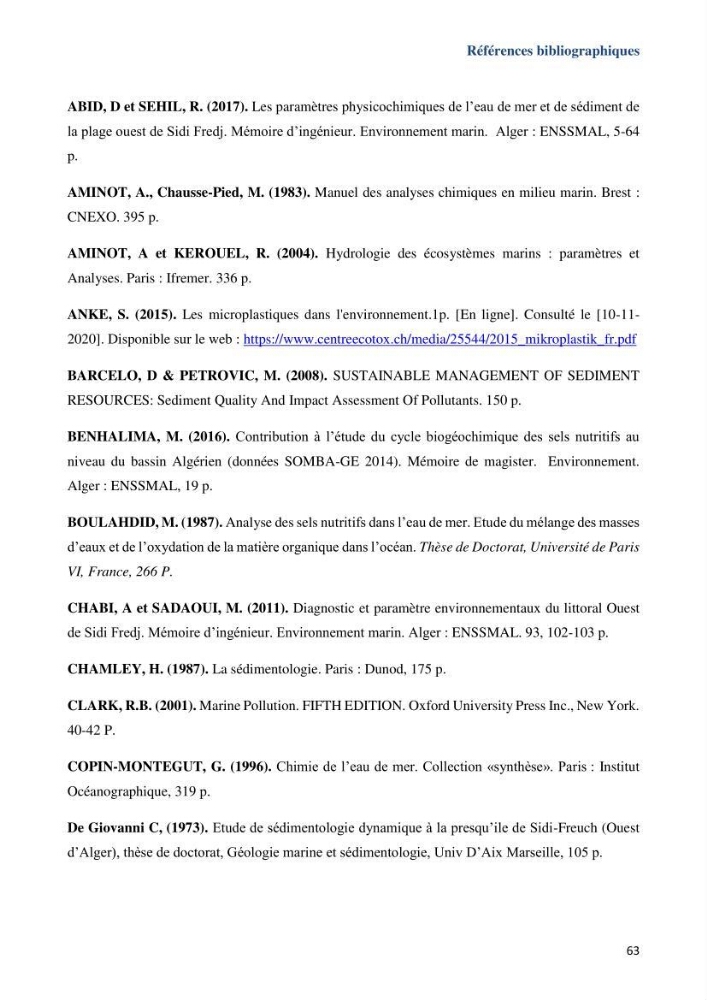Les paramètres physicochimiques dans l’eau de mer et le sédiment de la plage Ouest de Sidi Fredj