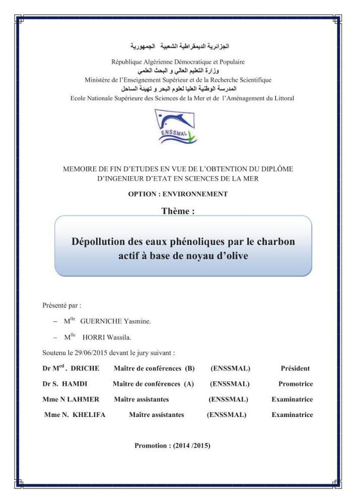 élimination des composées phénolique par le charbon actif à base de noyaux d\'olives