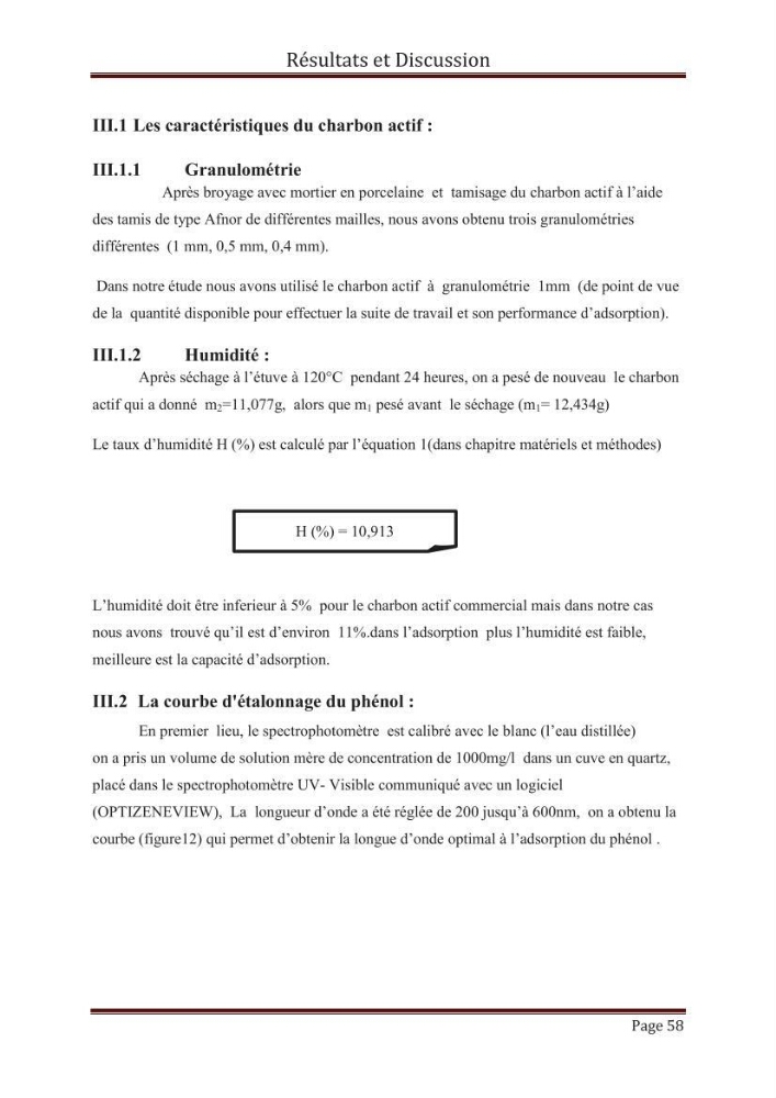 élimination des composées phénolique par le charbon actif à base de noyaux d\'olives
