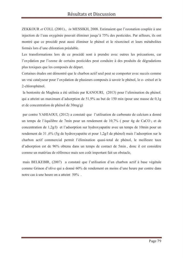 élimination des composées phénolique par le charbon actif à base de noyaux d\'olives