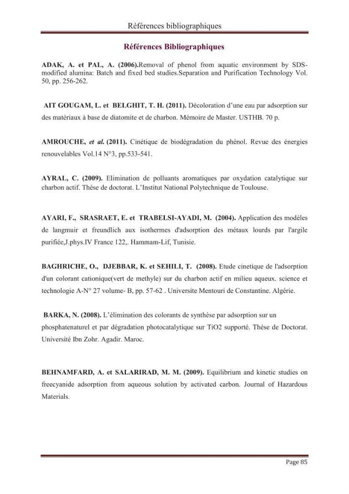 élimination des composées phénolique par le charbon actif à base de noyaux d\'olives