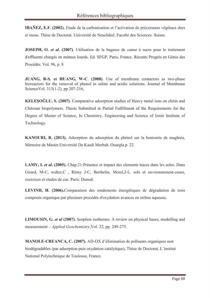 élimination des composées phénolique par le charbon actif à base de noyaux d\'olives