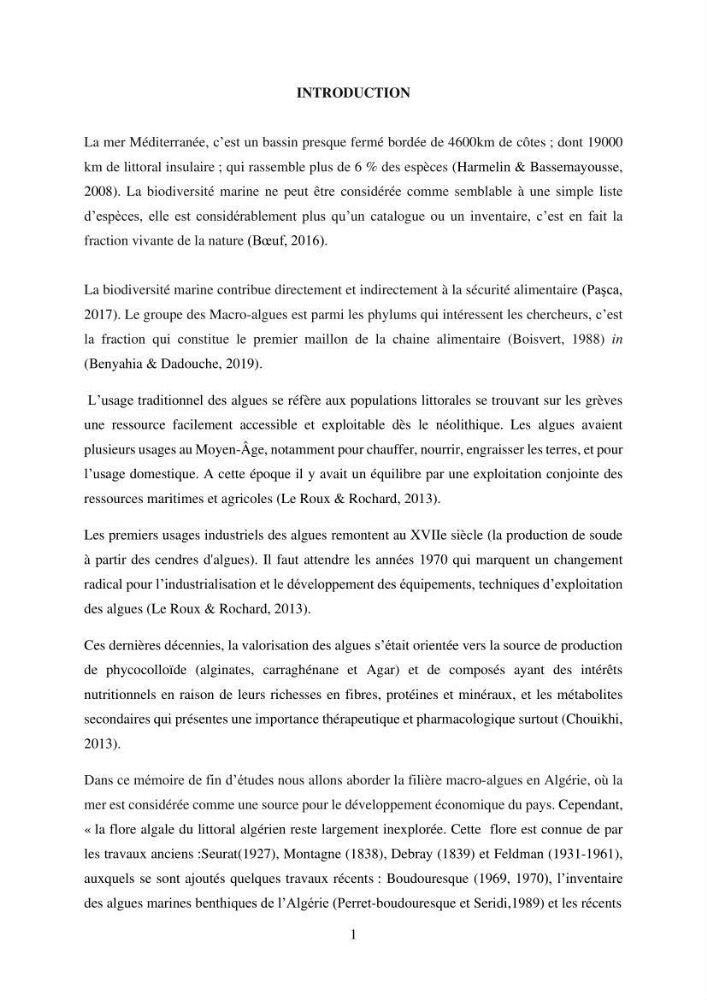 Inventaire préliminaire et caractérisation d’un échantillon d’espèces d’algues marines d’intérêt biotechnologique en Algérie.