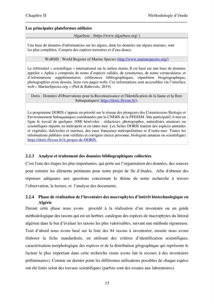 Inventaire préliminaire et caractérisation d’un échantillon d’espèces d’algues marines d’intérêt biotechnologique en Algérie.