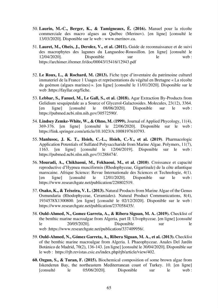 Inventaire préliminaire et caractérisation d’un échantillon d’espèces d’algues marines d’intérêt biotechnologique en Algérie.