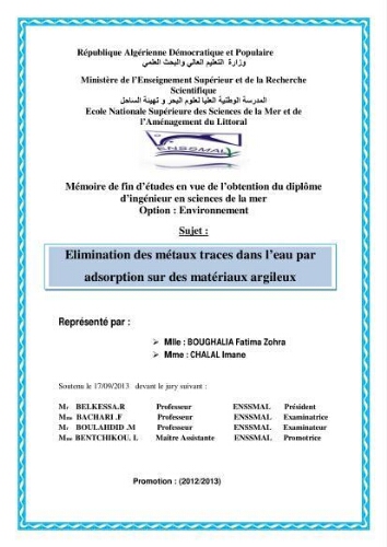 Elimination des métaux traces dans l'eau par adsorption sur les matériaux argileux: Elimination des métaux traces dans l'eau par adsorption sur les matériaux argileux: