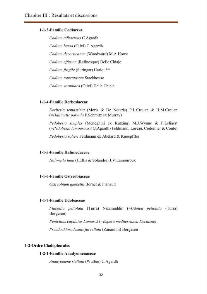 Actualisation de la taxonomie et de l\'inventaire des chlorobiontes des côtes Algériennes et mise en évidence des espèces aquacole