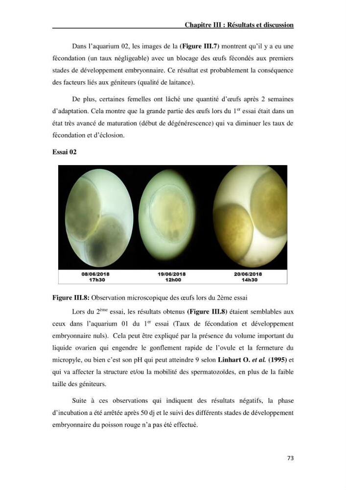 Maîtrise et suivi de la reproduction artificielle de quelques espèces de la famille des cyprinidés.