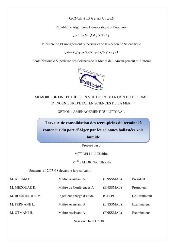 Travaux de consolidation des terre-pleins du terminal à conteneur du port d’Alger par les colonnes ballastées voie humide: