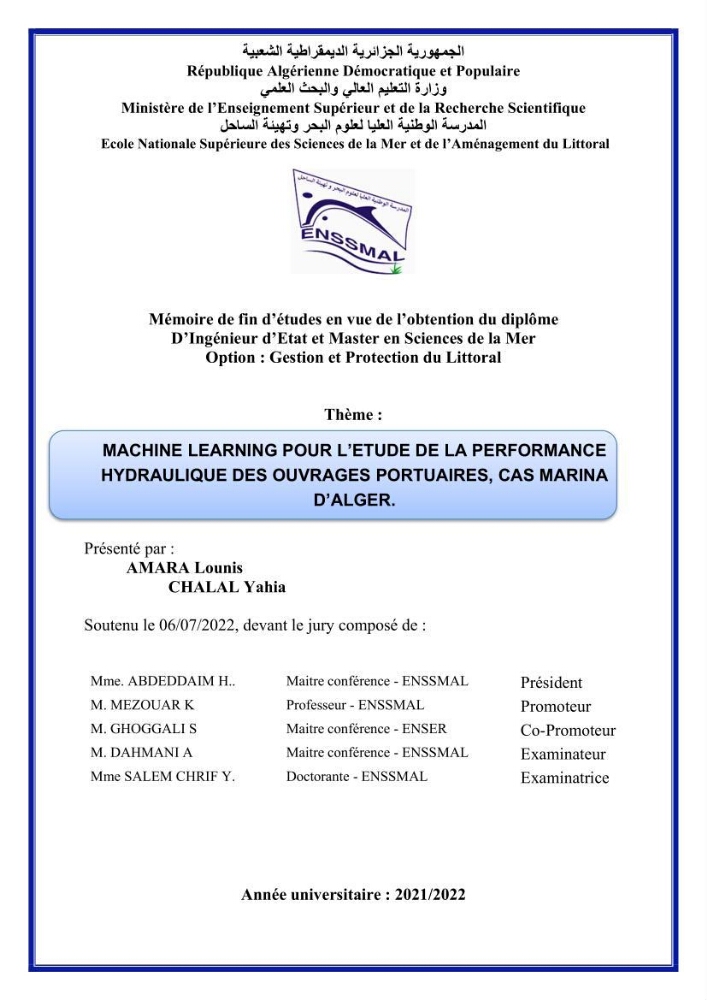 Machine Learning pour l\'étude de la performance hydraulique des ouvrages portuaires: cas Marina d\'Alger