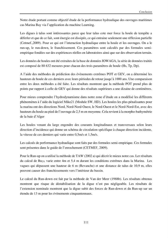 Machine Learning pour l\'étude de la performance hydraulique des ouvrages portuaires: cas Marina d\'Alger