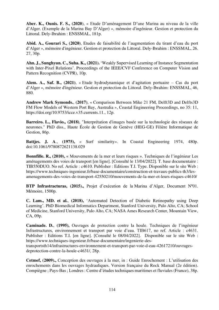 Machine Learning pour l\'étude de la performance hydraulique des ouvrages portuaires: cas Marina d\'Alger