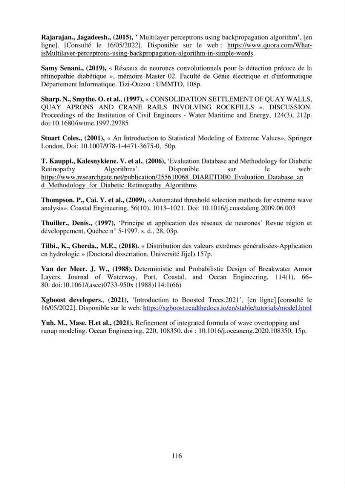 Machine Learning pour l\'étude de la performance hydraulique des ouvrages portuaires: cas Marina d\'Alger