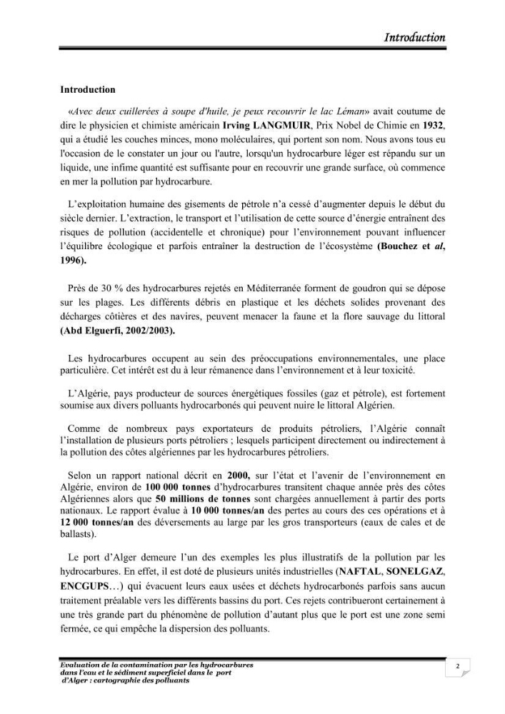 Evaluation de la contamination par les hydrocarbures polyaromatiques dans l\'eau et le sédiment superficiel dans le port d\'Alger: cartographiedes polluants
