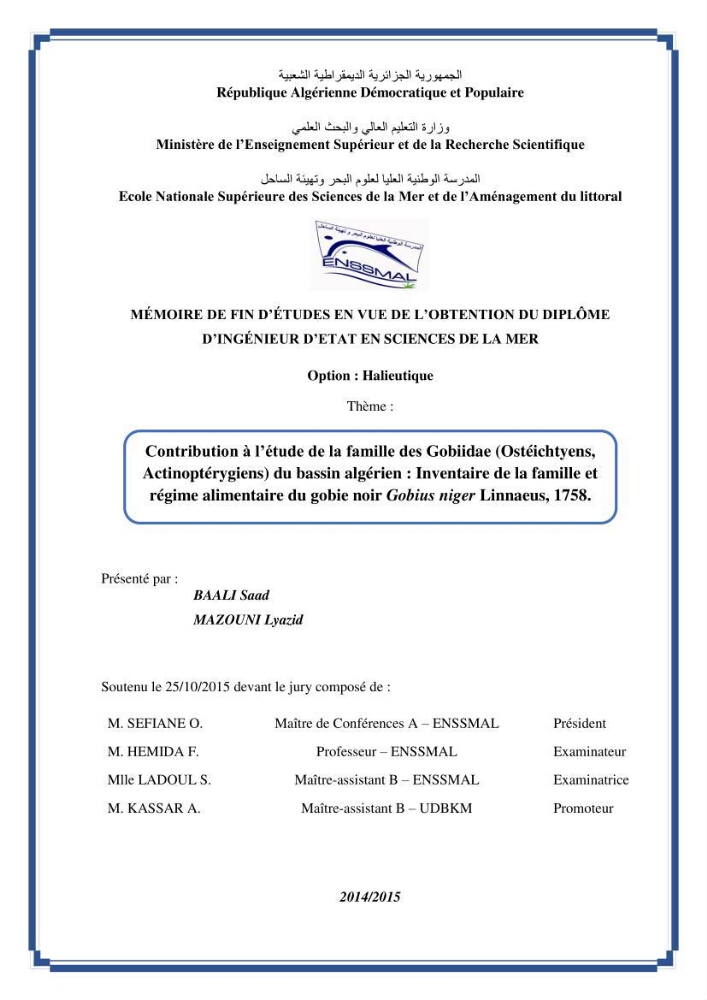 Contribution à l\'étude de la famille des Gobiidae (Ostéichtyens,Actinoptérygiens) du bassin algerien: inventaire de la famille et régime alimentaire du gobie Gobius niger Linnaeus, 1758)
