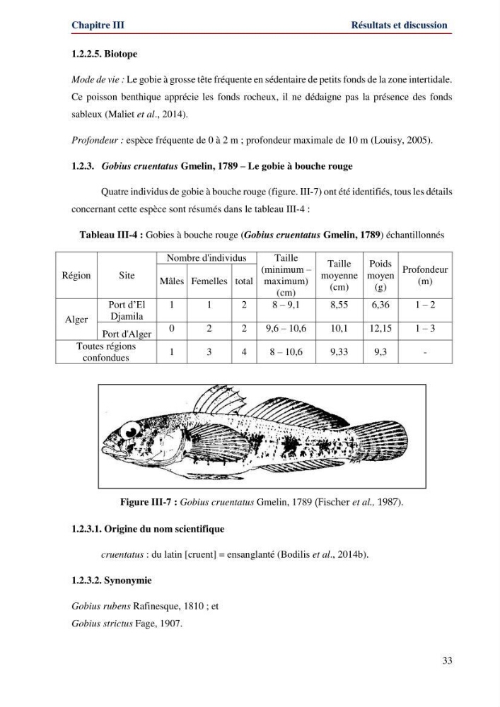 Contribution à l\'étude de la famille des Gobiidae (Ostéichtyens,Actinoptérygiens) du bassin algerien: inventaire de la famille et régime alimentaire du gobie Gobius niger Linnaeus, 1758)