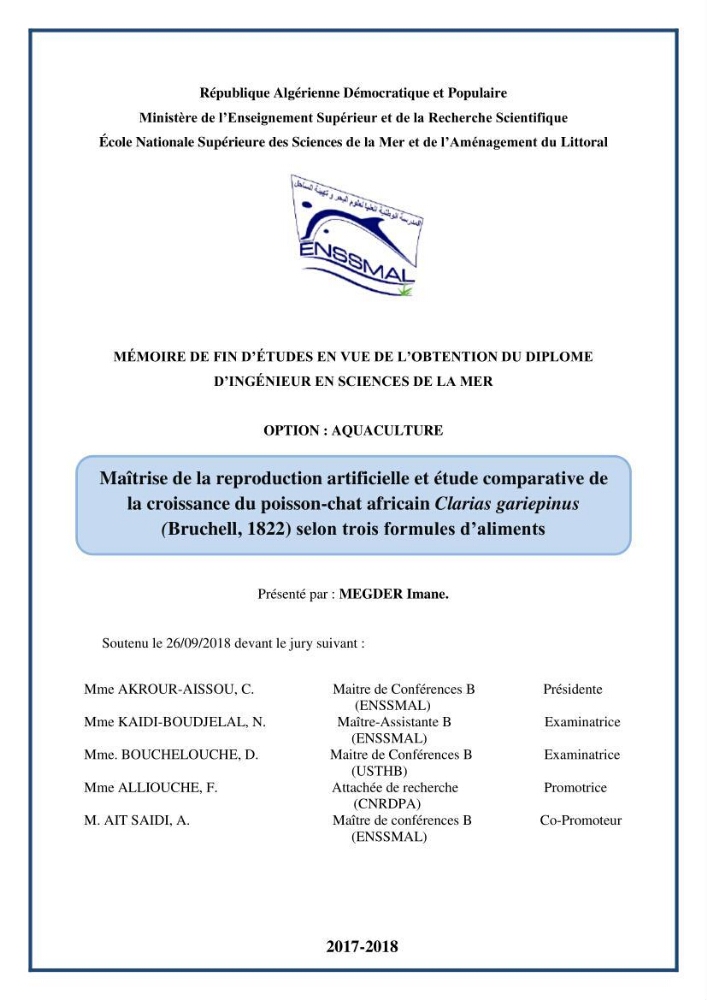 Maitrise de la reproduction artificielle et étude comparative de la croissance du poisson-chat africain Clarias gariepinus (Bruchell,1822 ) selon trois formules d\'aliments: