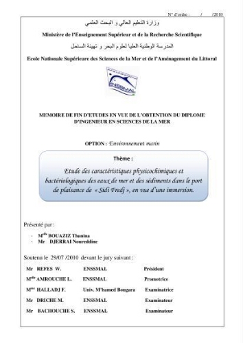 Etude des caractéristiques physiochimiques et bactériologiques des eaux de mer et des sédiments dans le port de plaisance de "Sidi Fredj", en vue d'une immersion: Etude des caractéristiques physiochimiques et bactériologiques des eaux de mer et des sédiments dans le port de plaisance de "Sidi Fredj", en vue d'une immersion: