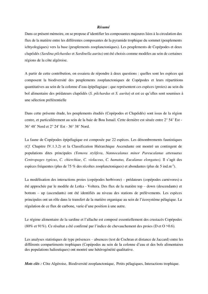 Peuplements zooplanctoniques et ichtyologiques (Clupéidae, Engraulidae) de la côte algéroise : interactions, flux de matières et conséquences sur les stocks halieutiques