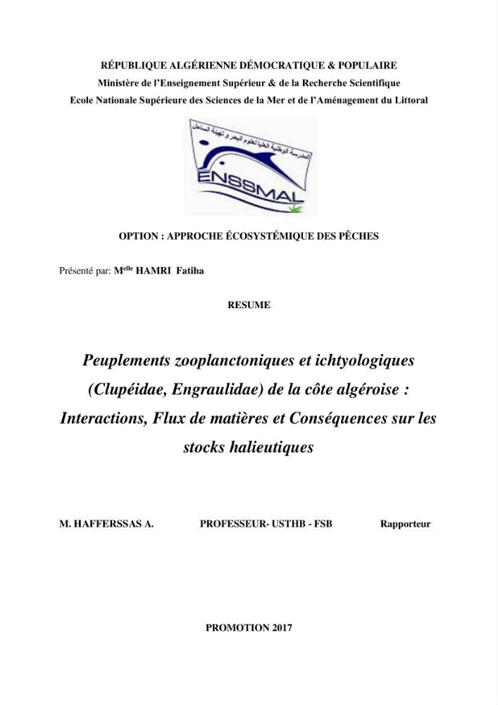 Peuplements zooplanctoniques et ichtyologiques (Clupéidae, Engraulidae) de la côte algéroise : interactions, flux de matières et conséquences sur les stocks halieutiques
