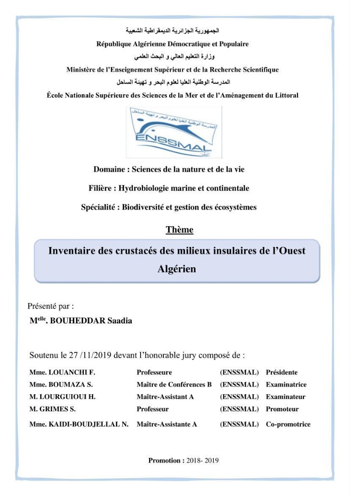 Inventaire des crustacés des milieux insulaires de l’Ouest Algérien