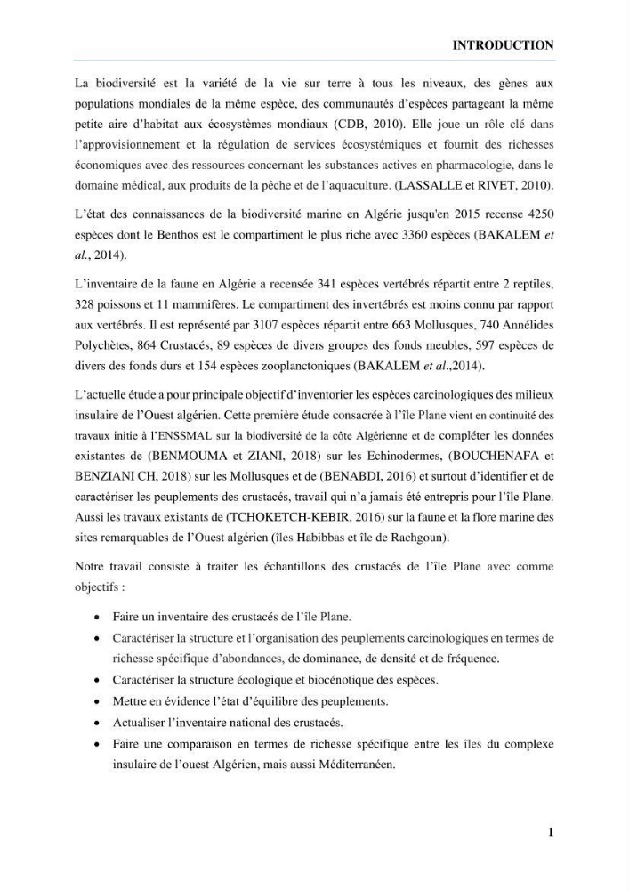 Inventaire des crustacés des milieux insulaires de l’Ouest Algérien