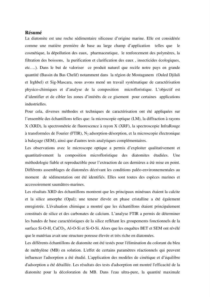 Identification, caractérisation et applications des diatomées fossiles de la région de Mostaganem: