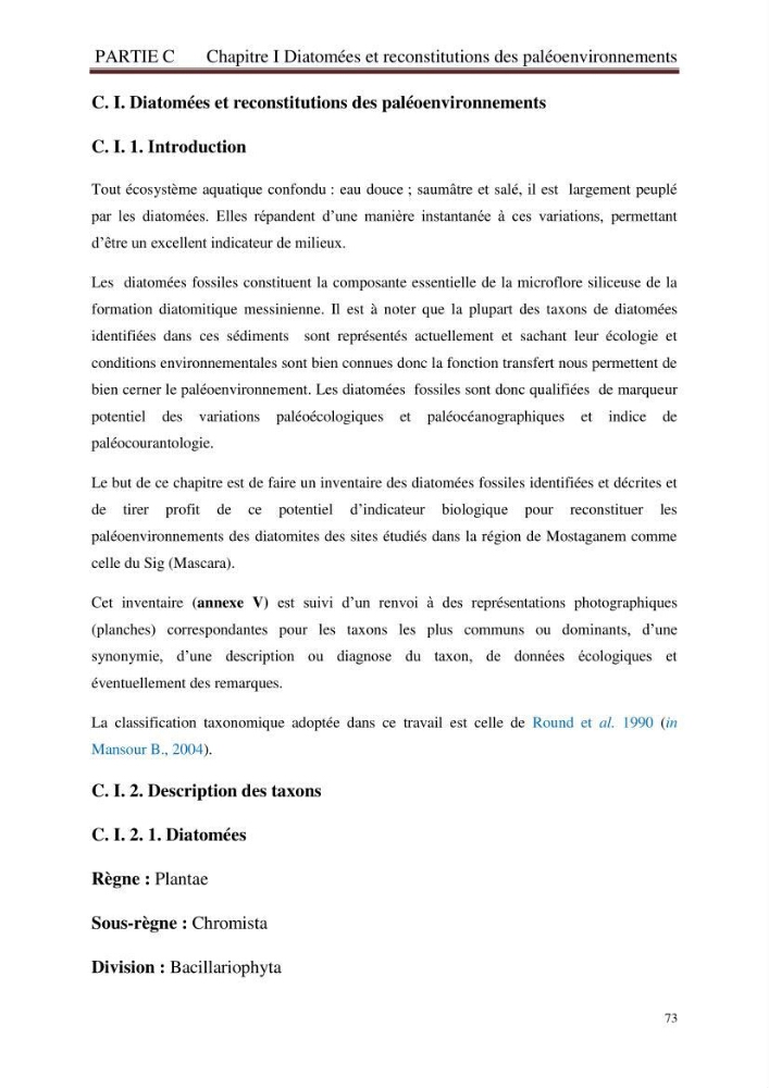 Identification, caractérisation et applications des diatomées fossiles de la région de Mostaganem: